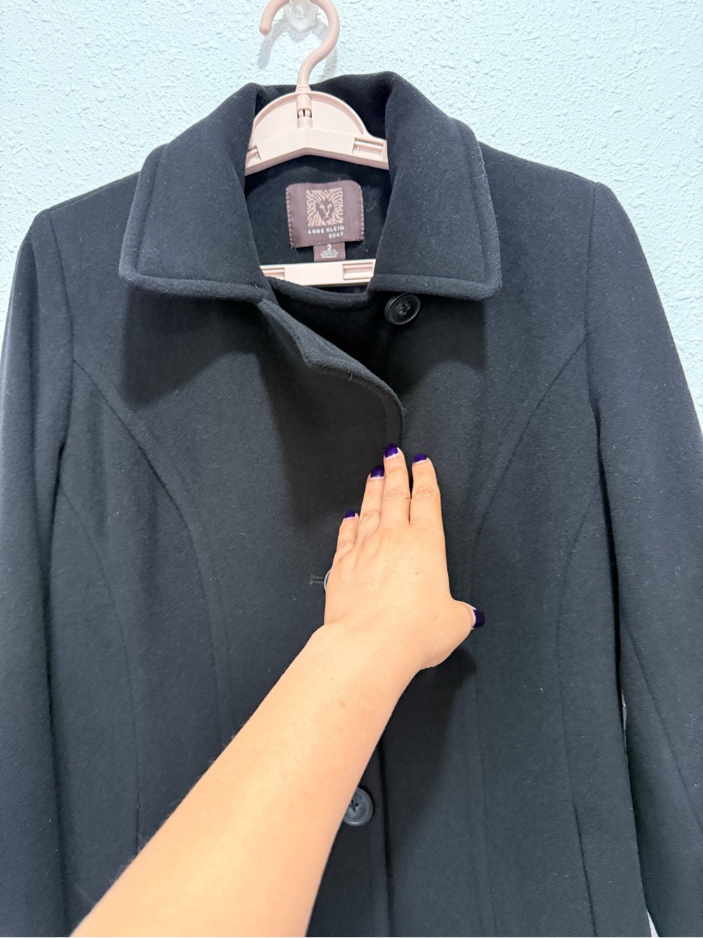 Anne Klein wool nylon cashmere blend Black Single-Breasted Pea Coat 2 - Picture 14 of 15